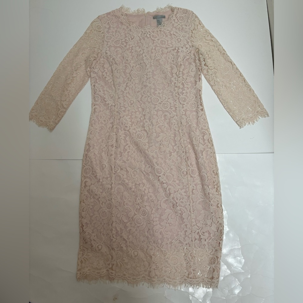 Forever 21 pink white eyelash lace 3/4 sleeve dress sz M medium midi wedding - Picture 5 of 13